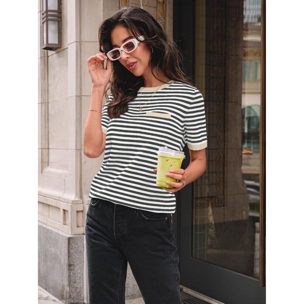 Womens Striped Short Sleeve Sweater Pullover Shirts with Chest Pocket - Picture 3 of 5